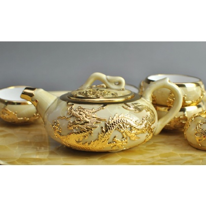 东方印象 中国元素产品购物网 团购定制 金镶玉海螺结晶釉茶具八件套 富贵满堂