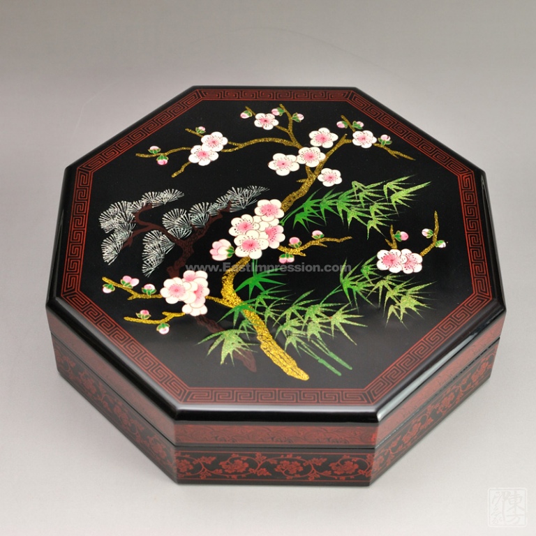 天水漆器堆漆彩绘糖果盒岁寒三友